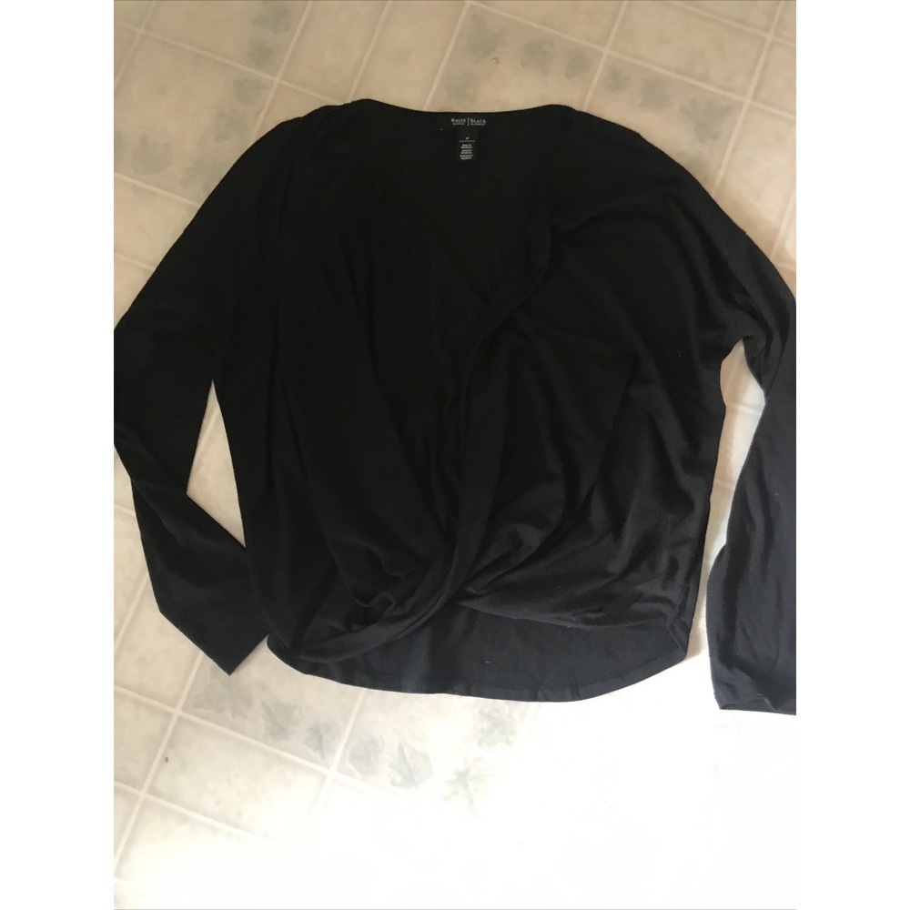 White House Black Market Blouse Faux Wrap Black Knit Surplice Top Women's Size M